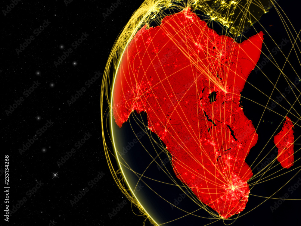 Obraz premium Africa on dark Earth with network representing telecommunications, internet or intercontinental air traffic.