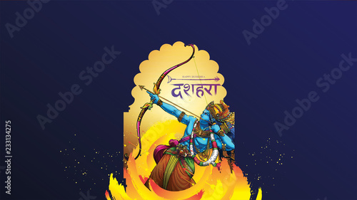 vector illustration of Lord Rama killing Ravana in Happy Dussehra Navratri poster festival of India. translation : dussehra