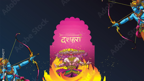 vector illustration of Lord Rama killing Ravana in Happy Dussehra Navratri poster festival of India. translation : dussehra