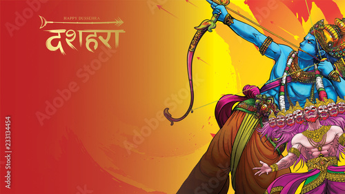 vector illustration of Lord Rama killing Ravana in Happy Dussehra Navratri poster festival of India. translation : dussehra