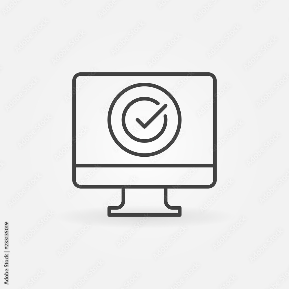 PC with check mark outline icon. Vector personal computer with checkmark concept sign in thin line style PC with check mark outline icon. Vector personal computer with checkmark concept sign in thin line style