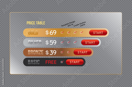 Vector of pricing table design template transparent background for website and application.