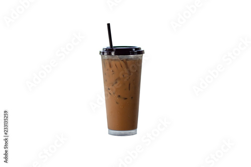 Fotografia Iced coffee in a plastic glass on a white background.
