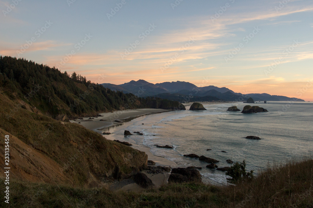 Cannon Beach at sunset from Ecola Point in Ecola State Park, Oregon.