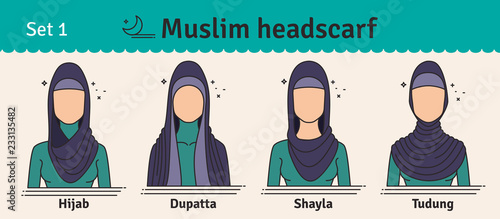 Muslim headwear guide. The set of different types of women headscarves. Vector icon colorful illustration. Set 1.