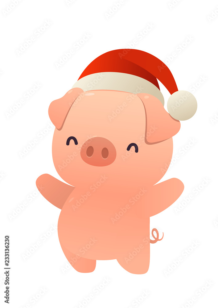 Little Pig with Christmas Santa Red Cap Happy New Year Little Pig with Christmas Santa Red Cap Happy New Year