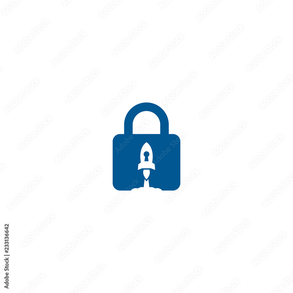 Padlock and rocket combination logo template, flight security, technology security Padlock and rocket combination logo template, flight security, technology security