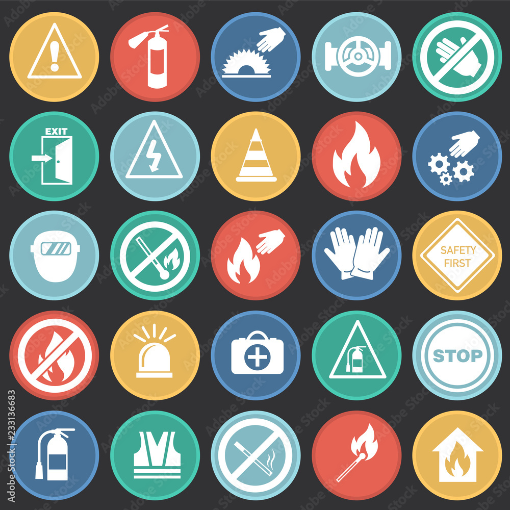 Safety and prohibition signs set on color circels black background icons Safety and prohibition signs set on color circels black background icons