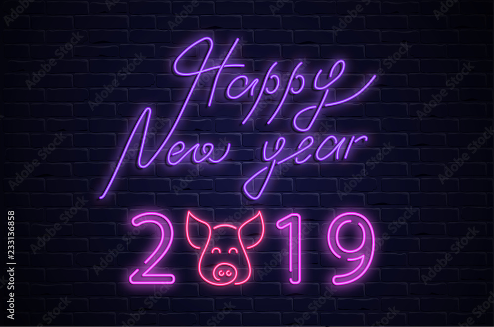 Happy New Year 2019 neon luminous poster with cute pig on brick background.