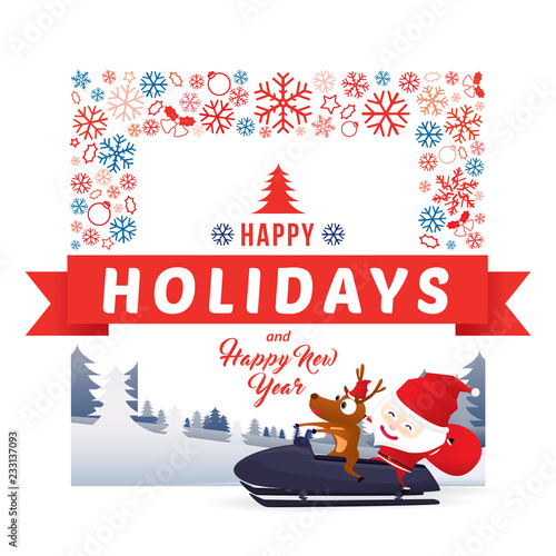 Santa Claus cartoon character and reindeer driving snowmobile with happy holidays and happy new year typography on winter background with snowflakes. Vector illustration Merry Christmas