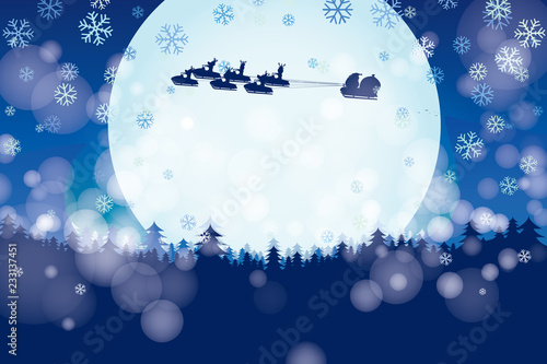 Santa Claus cartoon character and reindeer driving snowmobile in the night sky on winter background with snowflakes. Vector illustration Merry Christmas