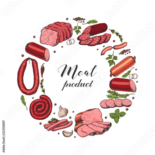 Isolated ring with different color meat products in sketch style.