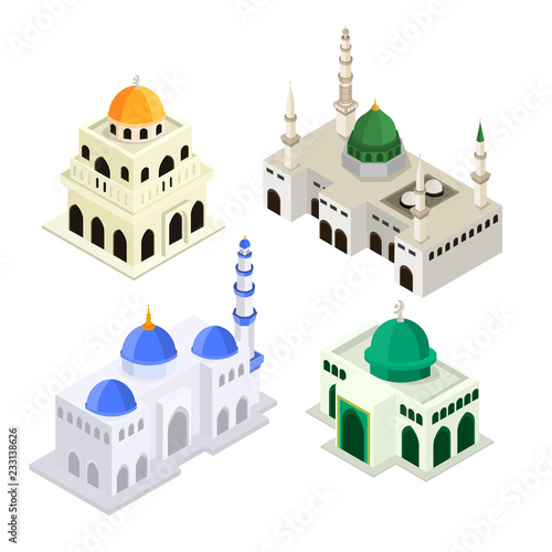 Set Mosque Islamic Worship Building Isometric Flat 3D Vector Illustration