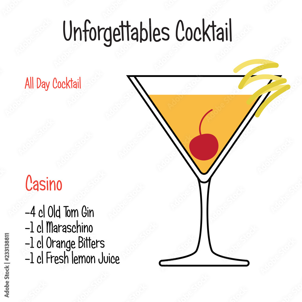 Casino alcoholic cocktail vector illustration recipe isolated Casino alcoholic cocktail vector illustration recipe isolated