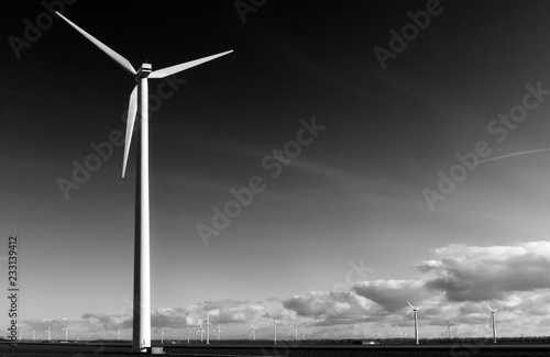Monochrome flat Dutch polder landscape with wind turbines