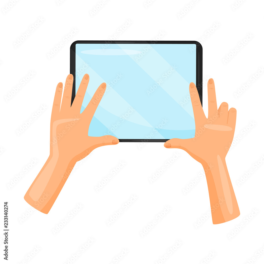Tablet computer in human hands. Digital device. Gadget with blue screen. Modern technology. Flay vector icon Tablet computer in human hands. Digital device. Gadget with blue screen. Modern technology. Flay vector icon