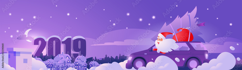 Naklejka premium Web Banner with Santa Claus in the car.