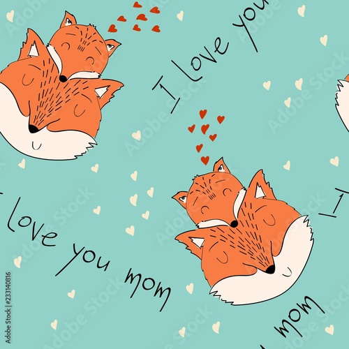 Seamless pattern. Vector fox mom and baby