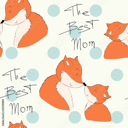 Seamless pattern. Vector fox mom and baby