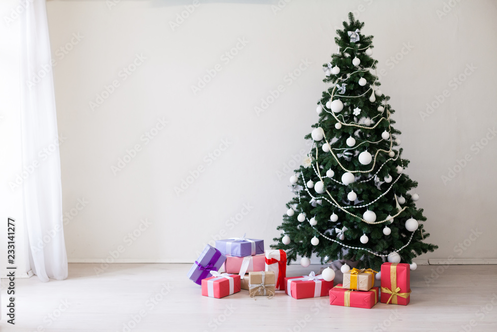Christmas home decor with Christmas tree and gifts new year holidays