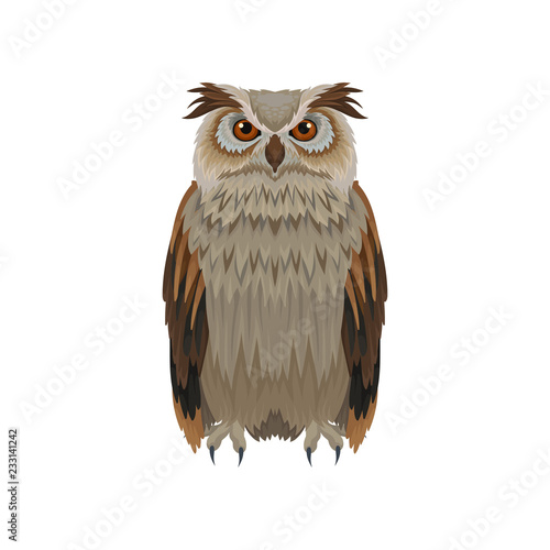 Great horned owl with brown plumage, front view. Large forest bird. Ornithology and fauna theme. Flat vector icon