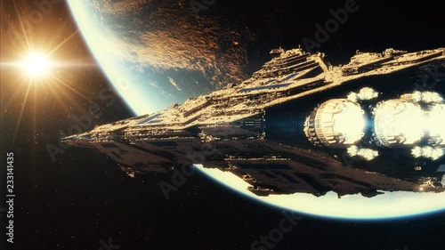 Beautiful scene with a huge spaceship orbiting earth in 4K photo