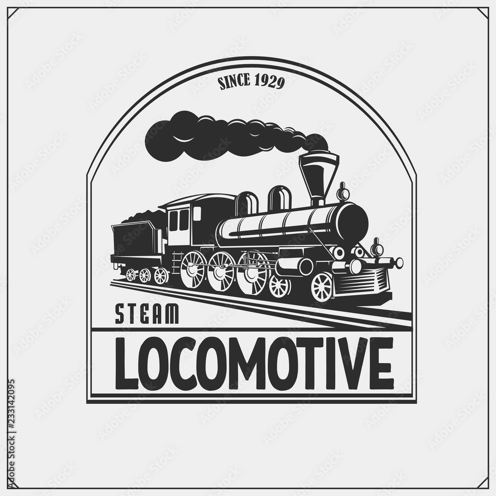 Naklejka premium Set of retro trains emblems, labels, badges and design elements. Print design for t-shirts.