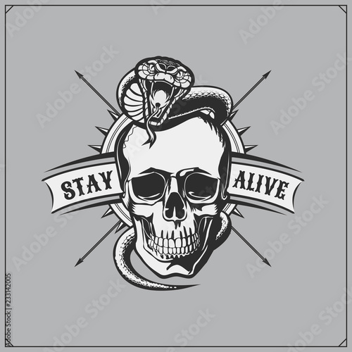 Emblem whith skull and snake. Print design for t-shirts.