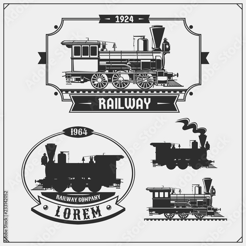 Set of retro trains emblems, labels, badges and design elements. Print design for t-shirts.