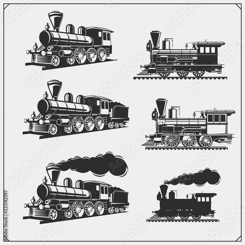 Set of retro trains emblems, labels, badges and design elements. Print design for t-shirts.