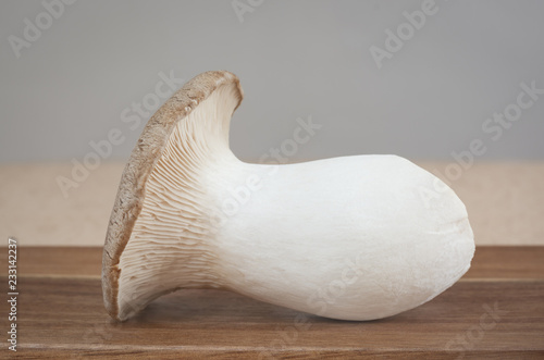 One Mushroom lies on a wooden board