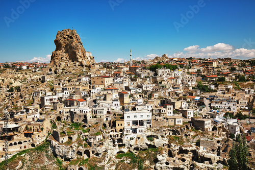 View to Ortahisar cave fortress, popular tourist attraction in Cappadocia, Turkey
