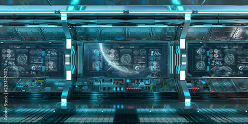 Fototapeta Naklejka Na Ścianę i Meble -  Blue spaceship interior with control panel screens 3D rendering