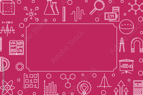 STEM learning horizontal frame with red background. Vector concept science illustration or background in thin line style