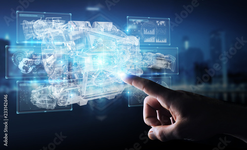 Businessman using wireframe holographic 3D digital projection of an engine photo