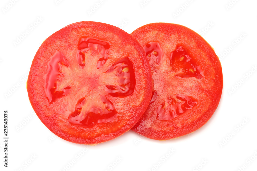 slice of tomato isolated on white background. top view slice of tomato isolated on white background. top view