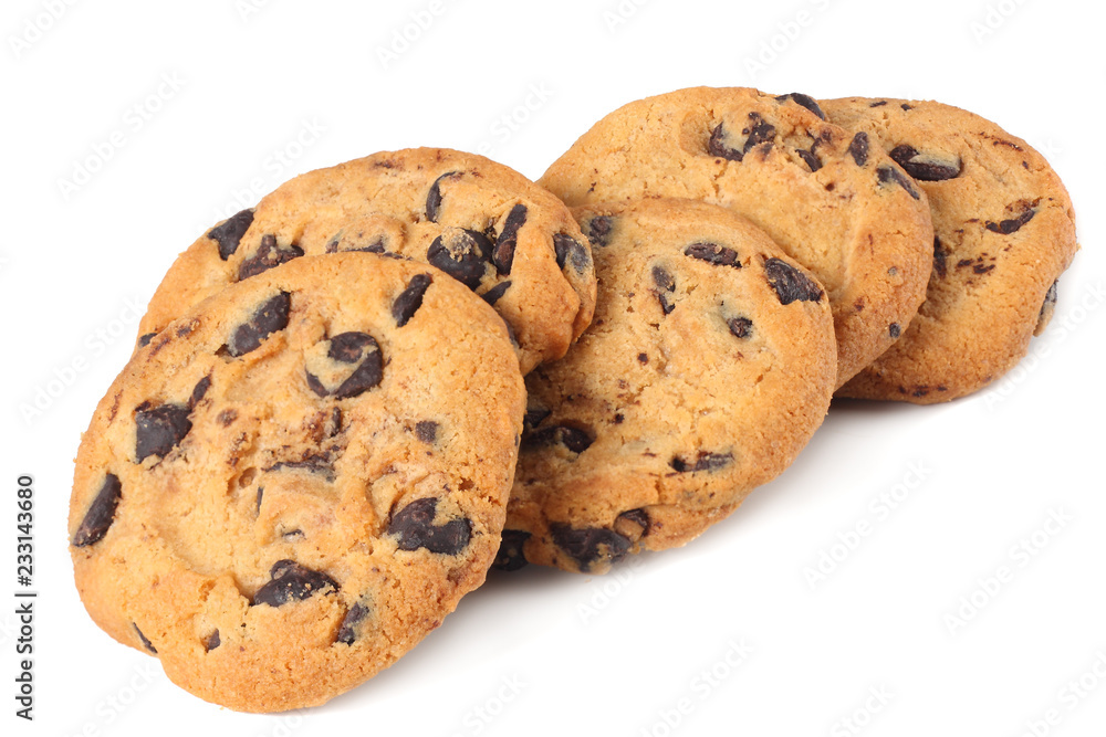 Chocolate chip cookies isolated on white background. Sweet biscuits. Homemade pastry. Chocolate chip cookies isolated on white background. Sweet biscuits. Homemade pastry.