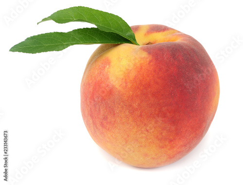 peach fruit with green leaf isolated on white background