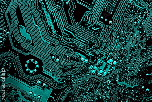 Green circuit board. Electronic computer hardware technology. Motherboard digital chip. Tech science background. Integrated communication processor. Information engineering component.