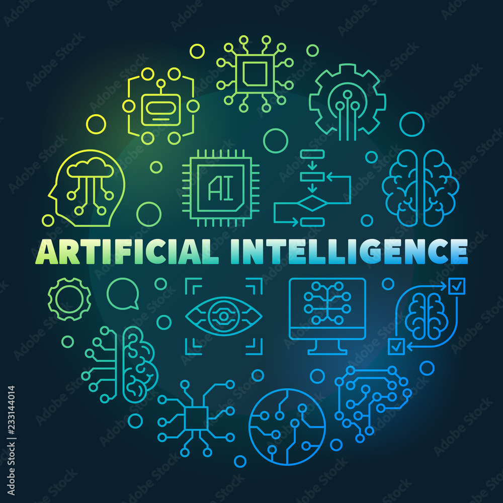 Artificial Intelligence round creative line illustration. AI technology vector outline icons in circle shape on dark background