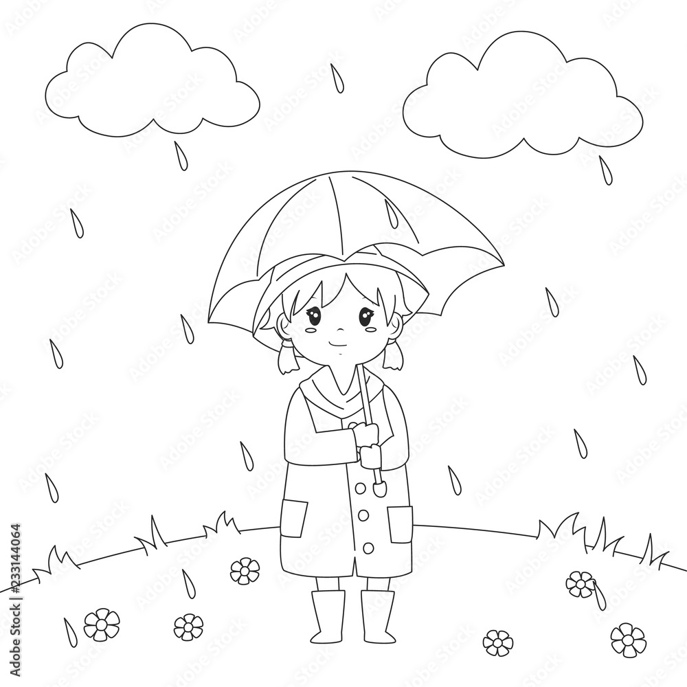 Hand drawn vector illustration of a kawaii cat umbrella, Japanese  teruterubozu doll, under the rian. Isolated objects on white background.  Line drawing. Design concept for rainy season children print. Stock Vector |