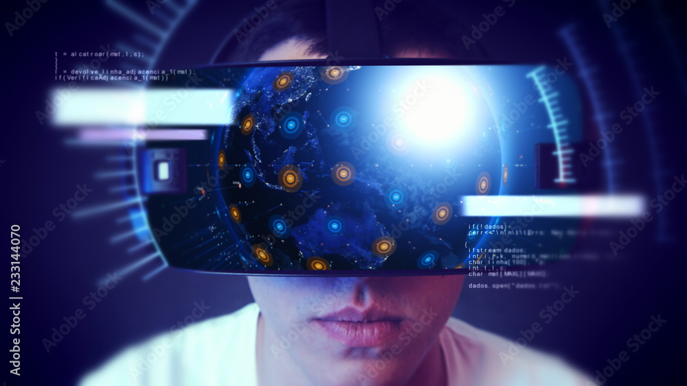 Young man wearing VR headset and experiencing virtual reality. Technology related digital earth network concept. Young man wearing VR headset and experiencing virtual reality. Technology related digital earth network concept.