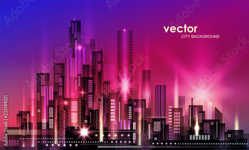 Vector night city illustration with neon glow and vivid colors.