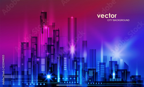 Night city background. Urban town streets skyline, illustration with architecture, skyscrapers, megapolis, buildings downtown