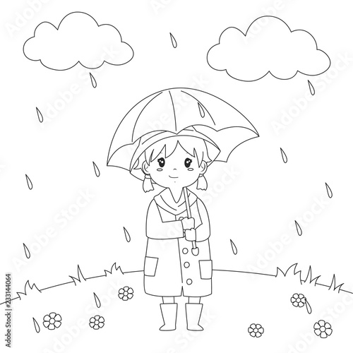 little girl holding an umbrella under the rain, cartoon vector  illustration. Coloring page for kids template Stock Vector | Adobe Stock