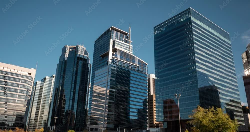 Hyperlapse of modern skyscrapers near Eau Claire Ave and 5 St, Calgary, Alberta. September 19, 2016