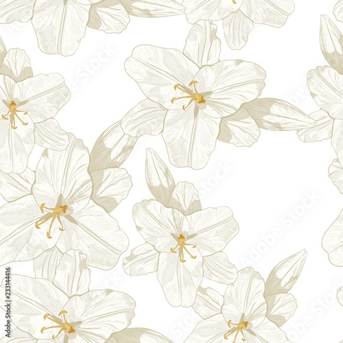 Beautiful monochrome  sepia outline seamless pattern with lilies. Hand-drawn contour lines. Design greeting card and invitation of the wedding  birthday  Valentine s Day  mother s day  other holiday.