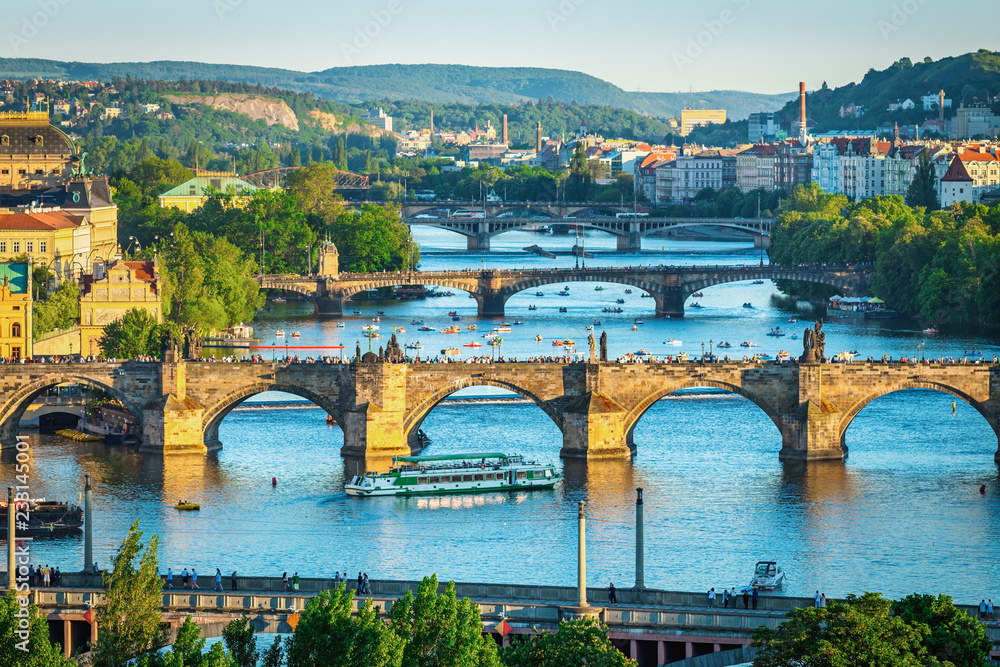 View of the Vltava River and the bridges in the setting sun, Prague, Czech Republic
