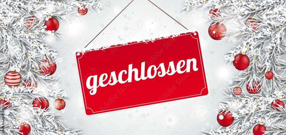 Weihnachtlich geschmückte Tannenzweige mit rotem Schild geschlossen  Stock-Vektorgrafik | Adobe Stock