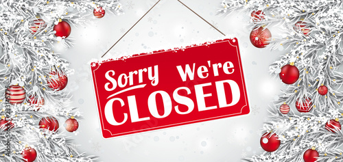 Sign Closed Frozen Twigs Red Baubles Snowfall Header